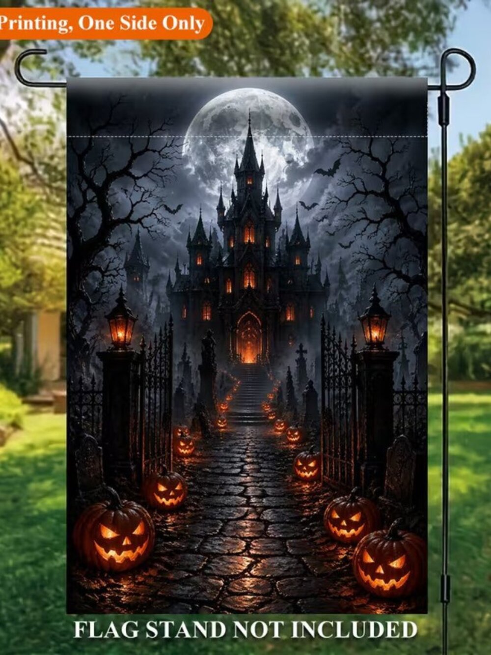 Halloween Gothic Castle Pumpkin Lights Single Sided Polyester Garden Flag 12x18